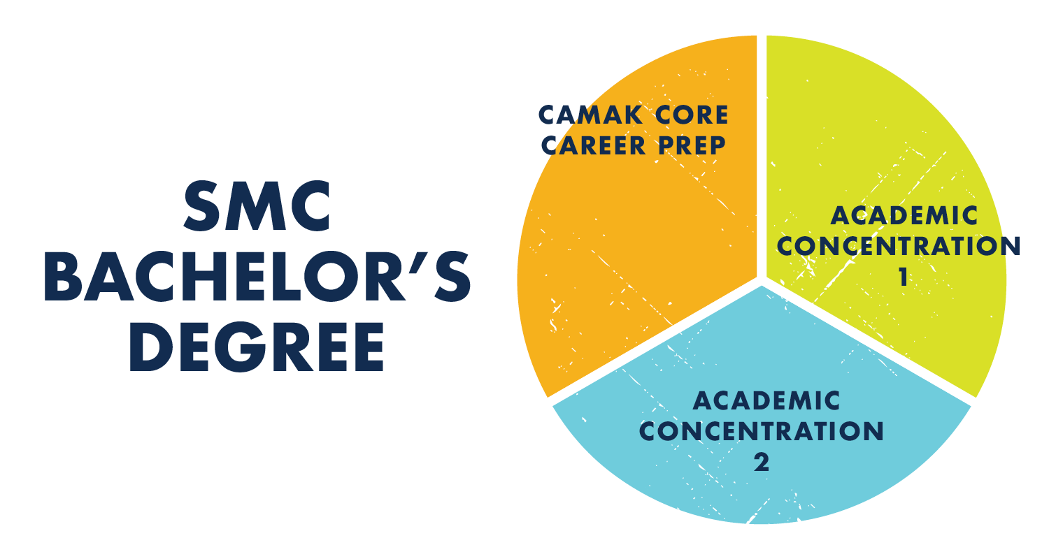 A pie chart showing the three concentrations (academic and career) in the bachelor's degree