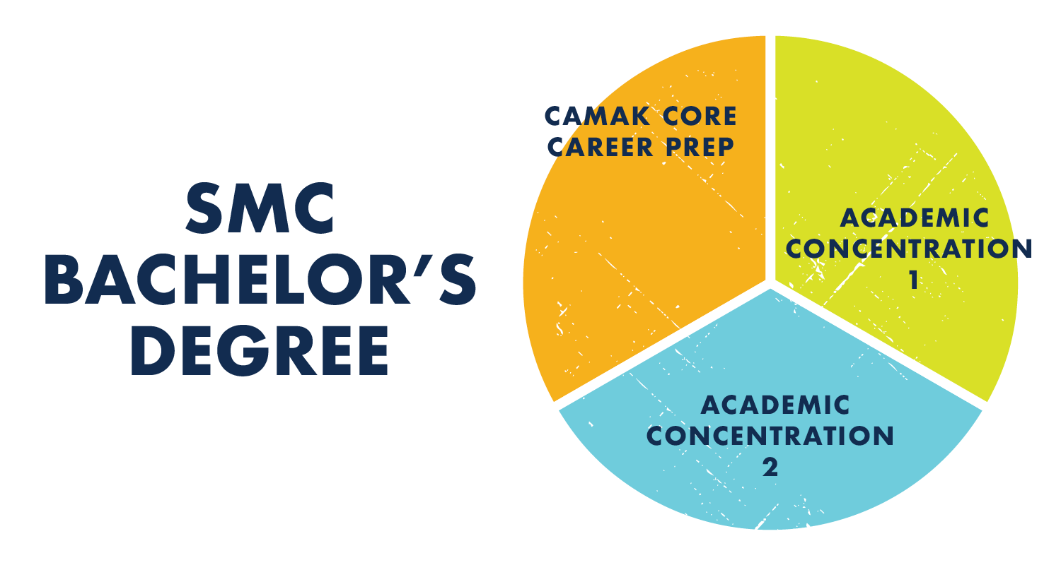 A pie chart showing the three concentrations (academic and career) in the bachelor's degree