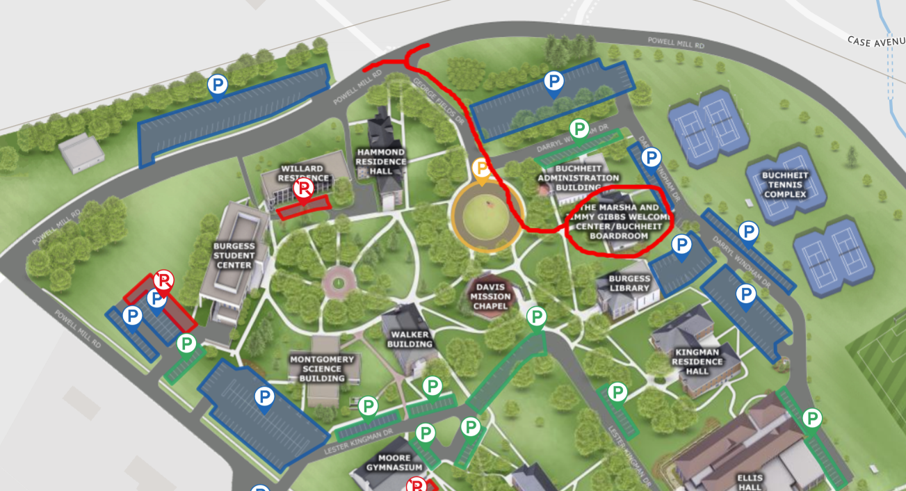 A colorful and detailed SMC campus map with a red circle and line indicating the location of the Buchheit Boardroom