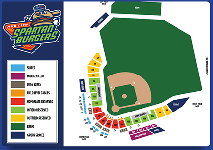 A colorful illustrated map of the Spartanburgers seating map with a detailed legend on one side and seating areas around a drawing of the baseball diamond.