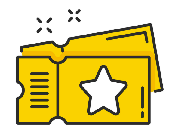 Bright yellow drawing of two tickets with a white stars and exclamation points.