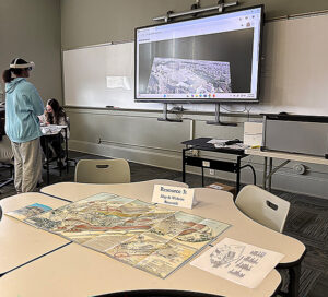 A student uses a virtual reality headset to study the ancient acropolis.